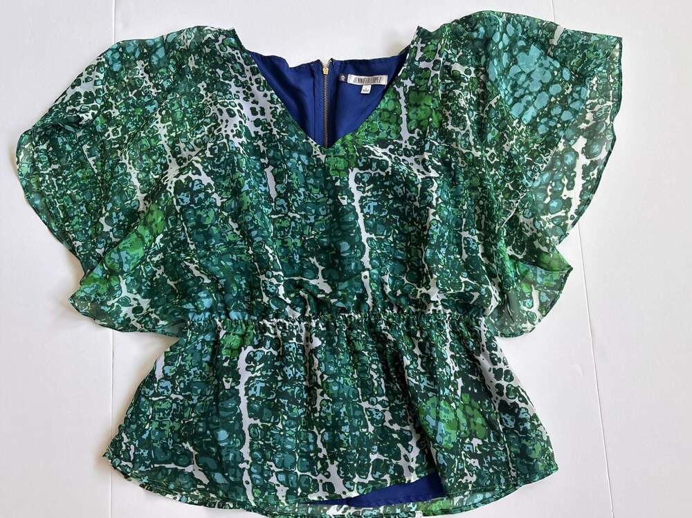 Jennifer Lopez Women's Green and Blue Abstract Print Chiffon Sleeveless Blouse